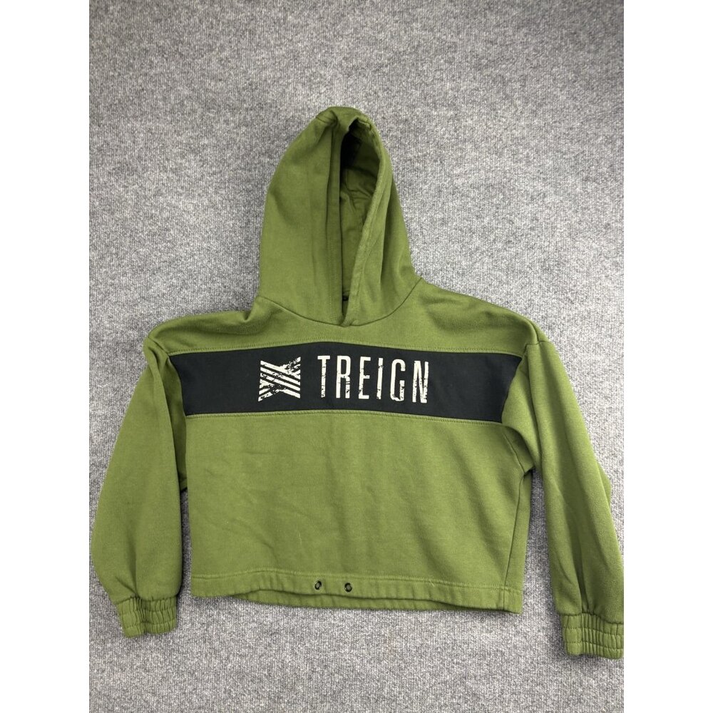 Treign Hoodie Womens‎ Small Green Colorblock Crop Fleece Pullover Sweatshirt